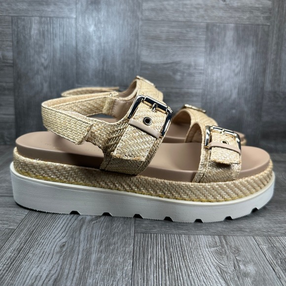Madden Girl Shoes - Madden Girl Sandals Womens 9.5 Natural Raffia Platform Buckle Flatform NEW